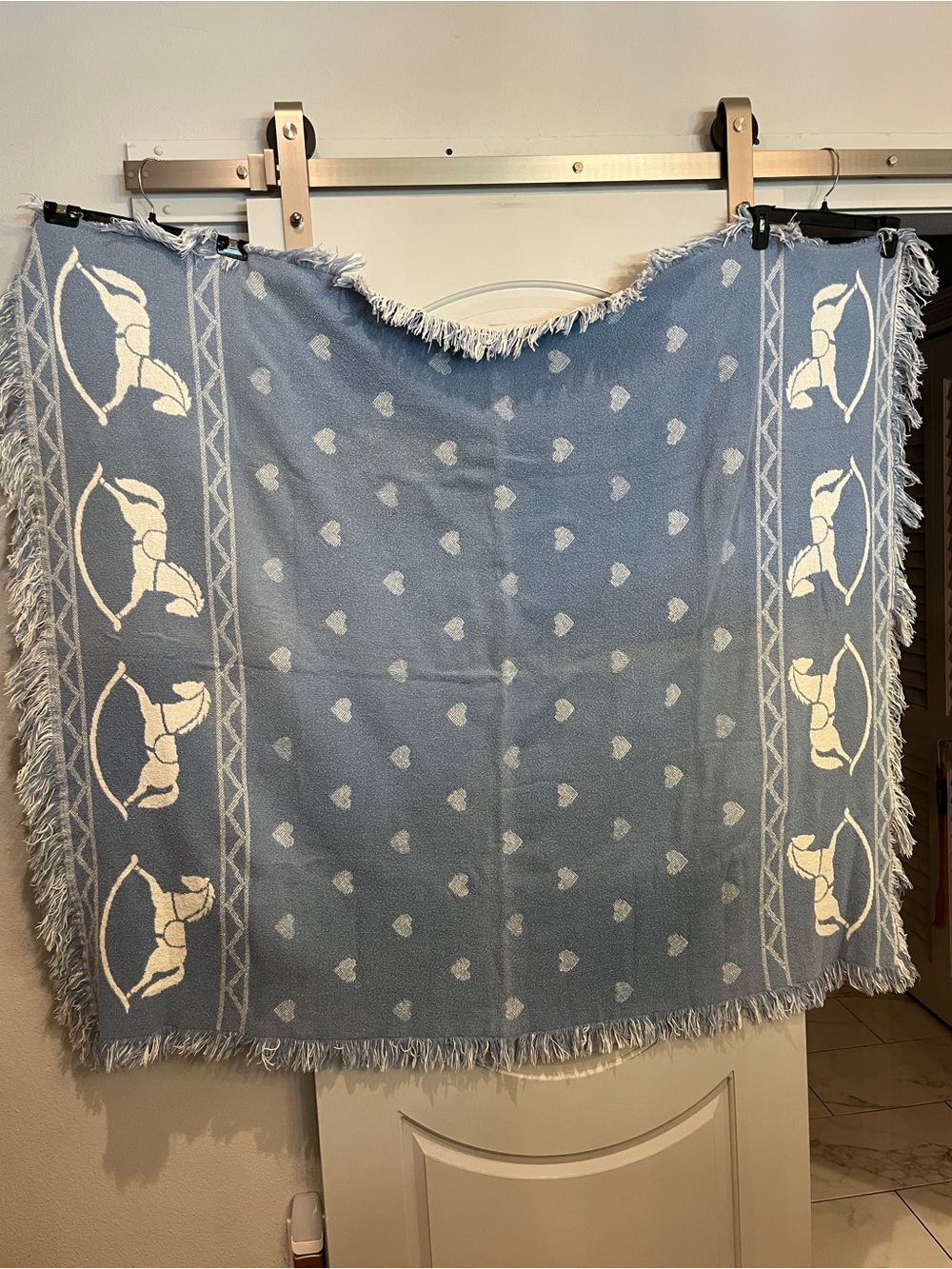 Vintage country Blue Heart and rocking horse Pattern Fringe Throw Blanket.
